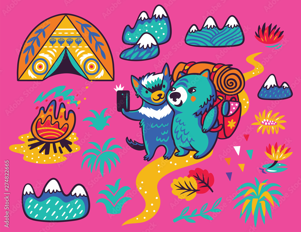 Fototapeta premium Summer print with cute Tasmanian devil and the wombat tourist in cartoon style. Vector illustration