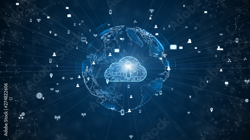 Fototapeta Secure Data Network Digital Cloud Computing Cyber Security Concept. Earth Element Furnished by Nasa