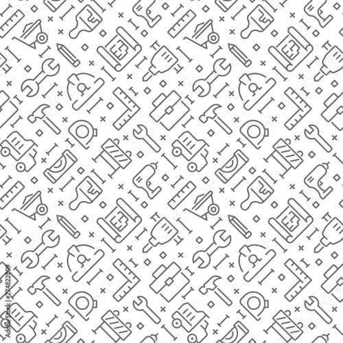 Construction seamless pattern with thin line icons