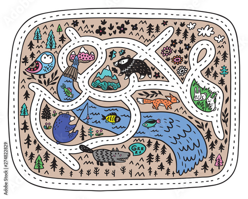Forest adventure car track with animals, mountains, forest and river. Vector illustration