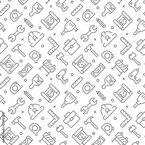 Construction seamless pattern with thin line icons