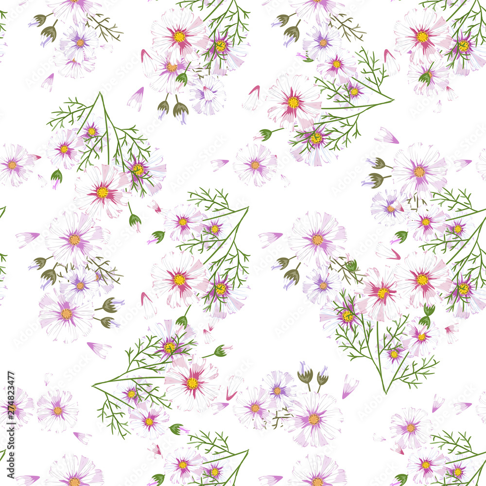 Field of white chamomile, great design for any purposes. Abstract bouquet design. Retro style.