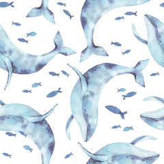 Wandcirkels Aquarel prints patronen Whale animals. Sea seamless patterns with whales and fishes. Watercolor  © BloomPix