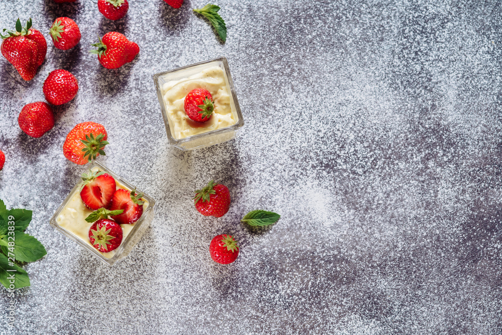 Strawberry Panakota Cold Fresh Milk Sweet Dessert . Summer Healthy Refreshment Dish Cooked Cream Cheese with Ripe Berries Thickened with Gelatin and Molded. Diet Organic Panna Cotta Flat Lay Photo