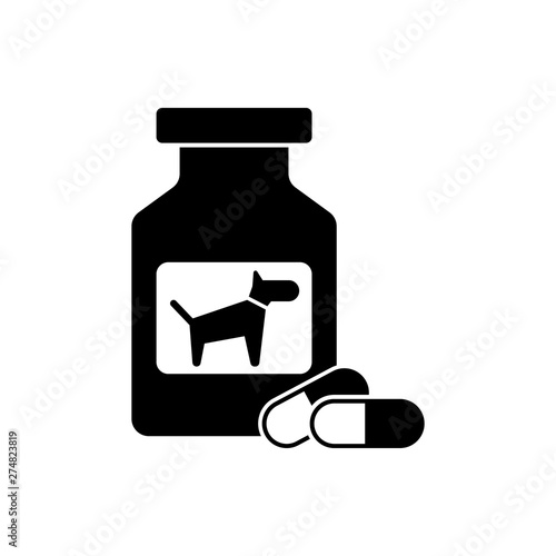 Black Dog medicine bottle and pills icon isolated. Container with pills. Prescription medicine for animal. Vector Illustration