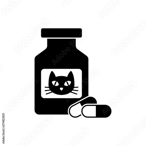 Black Cat medicine bottle and pills icon isolated. Container with pills. Prescription medicine for animal. Vector Illustration
