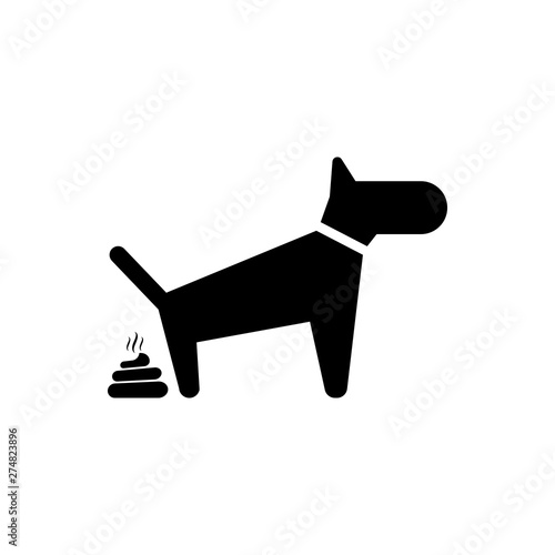 Black Dog pooping icon isolated. Dog goes to the toilet. Dog defecates. The concept of place for walking pets. Vector Illustration
