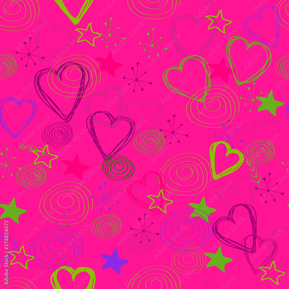  Seamless background: hearts, stars and other doodles on a pink background