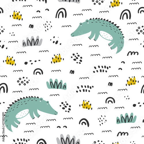 Cute seamless pattern with alligator. Design for fabric. Cute summer background.