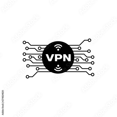 Black VPN in circle with microchip circuit icon isolated. Vector Illustration