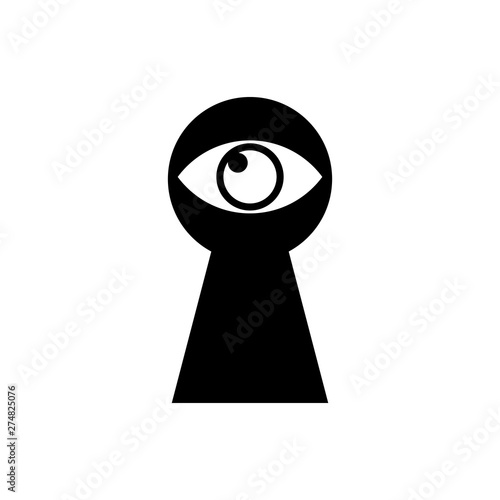 Black Keyhole with eye icon isolated. The eye looks into the keyhole. Keyhole eye hole. Vector Illustration