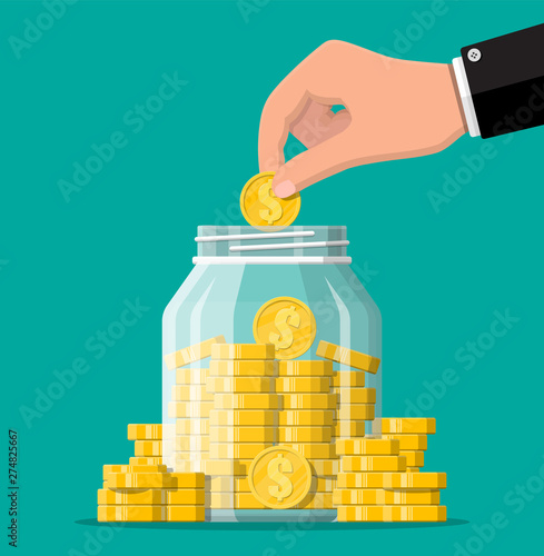 Glass money jar full of gold coins and hand. Saving dollar coin in moneybox. Growth, income, savings, investment. Symbol of wealth. Business success. Flat style vector illustration.
