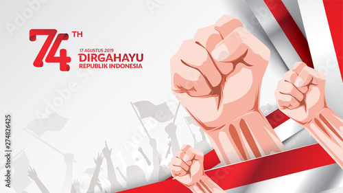 17 August. Indonesia Happy Independence Day greeting card with hands clenched, Spirit of freedom symbol. Use for banner, and background . Vector