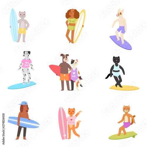 Surf vector cat dog animal surfer character surfing on surfboard illustration animalistic set of cartoon young sportsman kitty girl and doggy boy on wakeboard isolated on white background