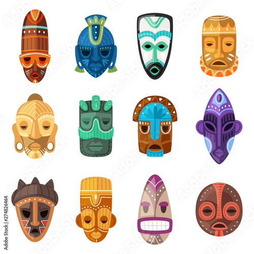 Tribal mask vector cartoon african face masque and masking ethnic culture in Africa illustration set of traditional masked symbol isolated on white background