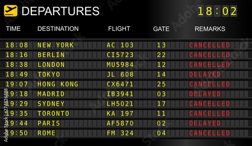 Flight departure board. Information display system in international airport, cancelled and delayed flights