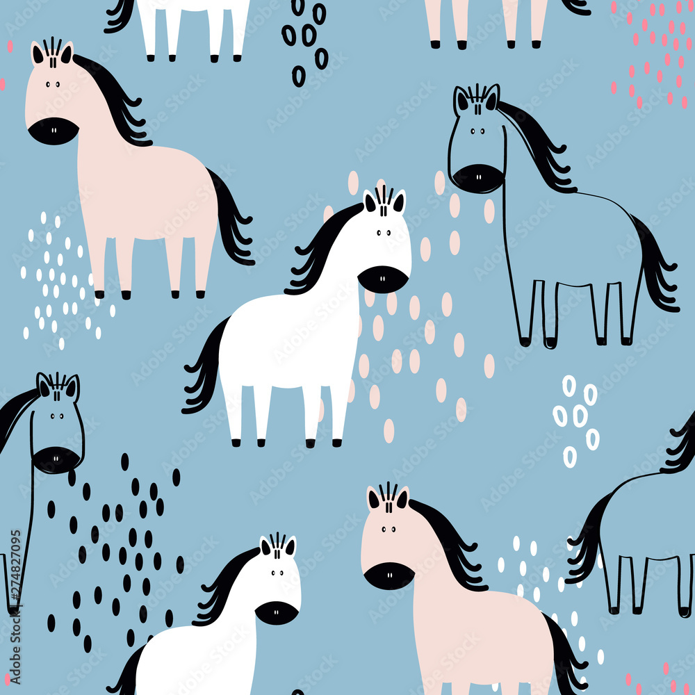 Horses, hand drawn backdrop. Colorful seamless pattern with animals.  Decorative cute wallpaper, good for printing. Overlapping background  vector. Design illustration Stock Vector | Adobe Stock