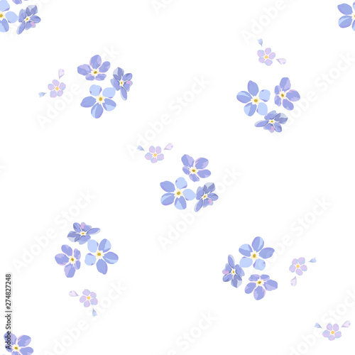 Vintage seamless pattern with field small blue flowers on white background.