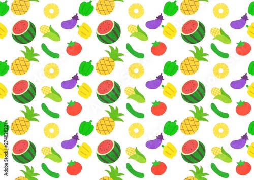 Fototapeta Naklejka Na Ścianę i Meble -  夏野菜とフルーツのパターン　白背景