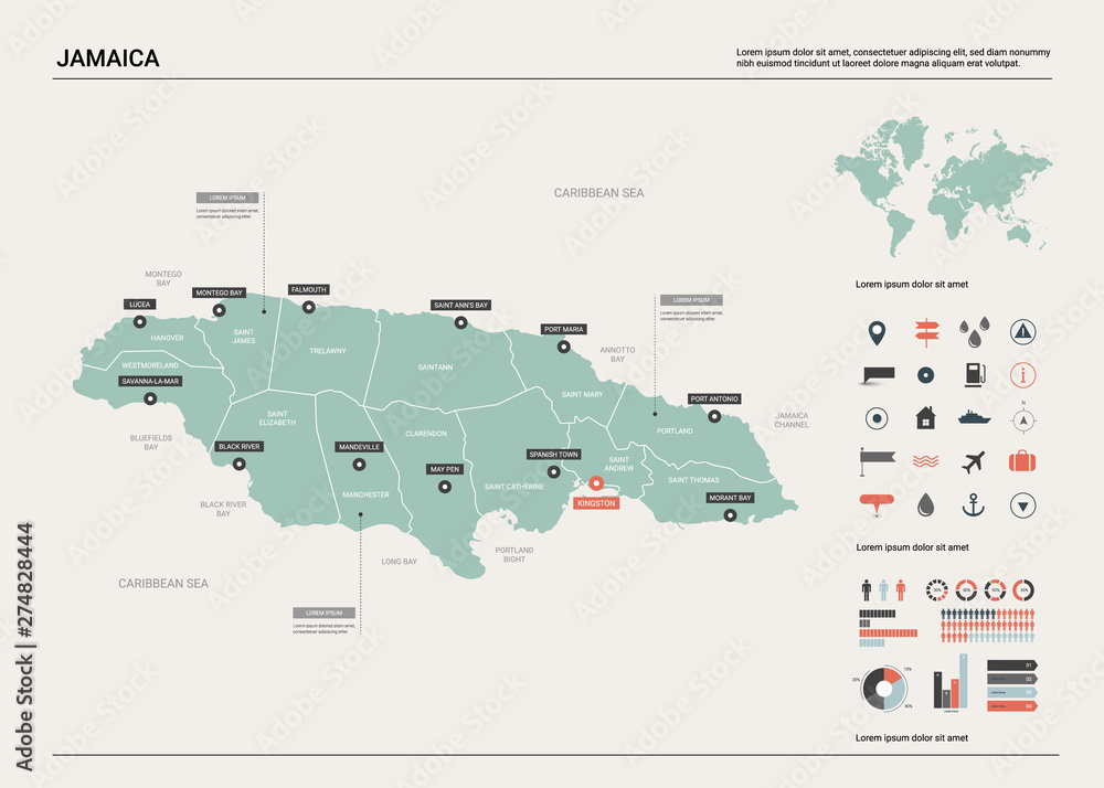 Vector map of Jamaica. Country map with division, cities and capital Kingston. Political map, world map, infographic elements. Vector map of Jamaica. Country map with division, cities and capital Kingston. Political map, world map, infographic elements.