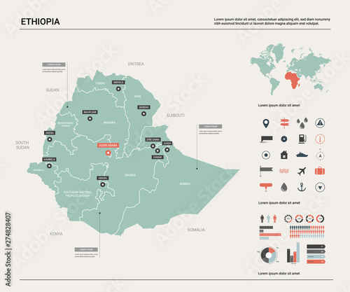 Vector map of Ethiopia. Country map with division, cities and capital Addis Ababa. Political map, world map, infographic elements.