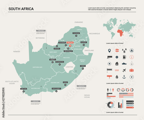 Vector map of South Africa (RSA). Country map with division, cities and capital Pretoria. Political map, world map, infographic elements.