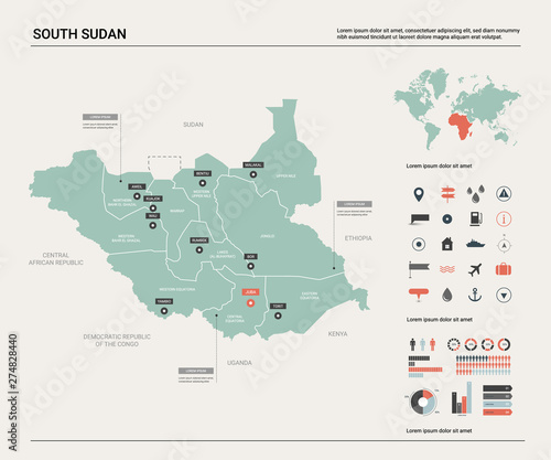 Vector map of South Sudan. Country map with division, cities and capital Juba. Political map, world map, infographic elements.