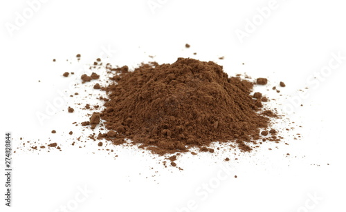 Pile cocoa powder isolated on white background.