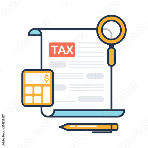 Tax payment form. Financial data analysis, paperwork, income taxation, calculation of tax return. Payment of debt. Flat design vector illustration.