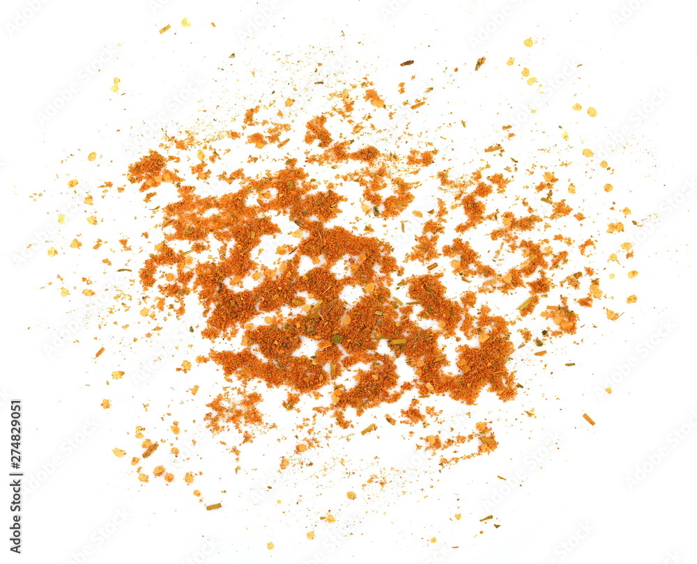 Grounded spice ingredient of dry mix vegetables isolated on white. Chicken spices. A pile of a yellow spice mix. Spices consist dried dehydrated vegetables carrot paprika onion garlic parsnip parsley 