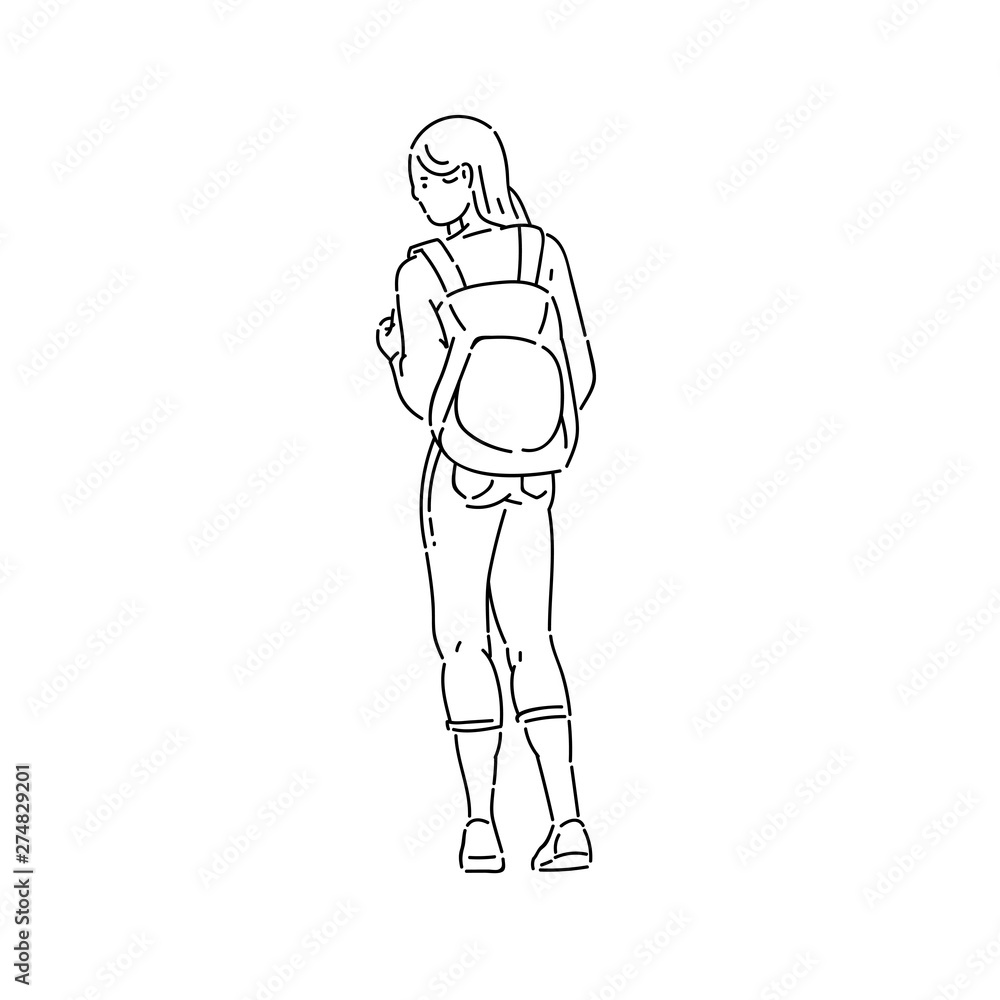 Fototapeta premium Young teen girl stands looking away with backpack on her back vector line art flat black white isolated illustration.