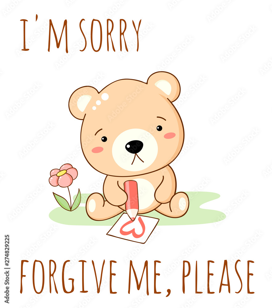 Cute sad cartoon bear draws a pencil heart Cute sad cartoon bear draws a pencil heart