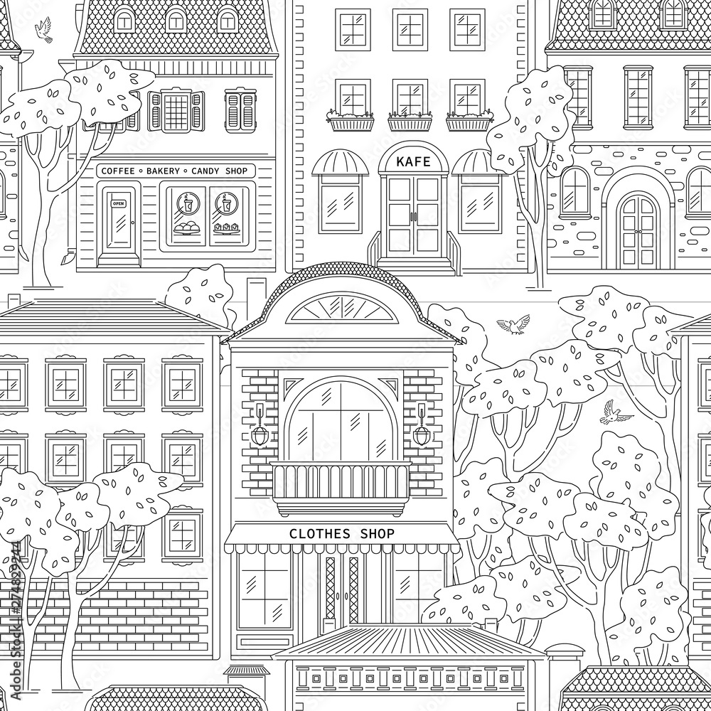 Street and building in city seamless pattern. Shops and houses line art style vector black white illustration background.