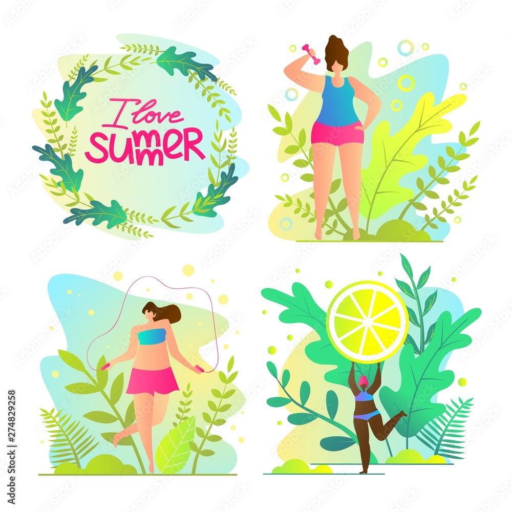 Set Tropic Card Inscription I Love Summer, Cartoon Set Tropic Card Inscription I Love Summer, Cartoon
