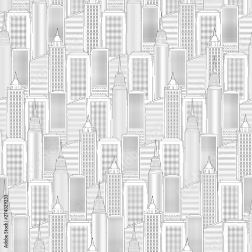 Urban street and building in city seamless pattern. Shops and high-rise houses line art style vector black white illustration background.