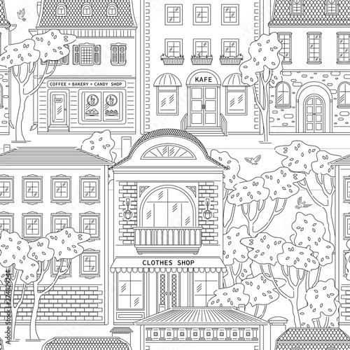 Street and building in city seamless pattern. Shops and houses line art style vector black white illustration background.