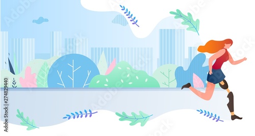 Disabled Girl Runs Through City Cartoon Flat.