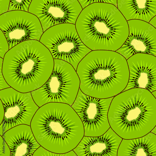 Kiwi seamless pattern. Endless ornament with kiwifruit in cut. Green slice of kiwi fruit. Bright color background with fruit.