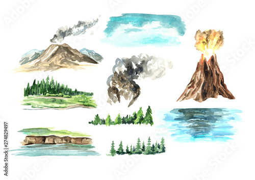 Landscape elements with volcano. Watercolor hand drawn illustration, isolated on white background