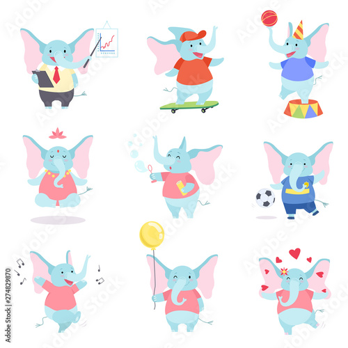 Collection of Cute Elephant Animal Cartoon Character Performing Daily Activities Vector Illustration