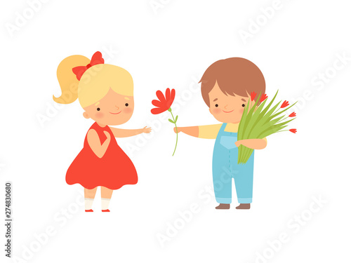 Cute Little Boy with Bouquet of Flowers Giving Red Flower to Lovely Blonde Girl in Red Dress Cartoon Vector Illustration