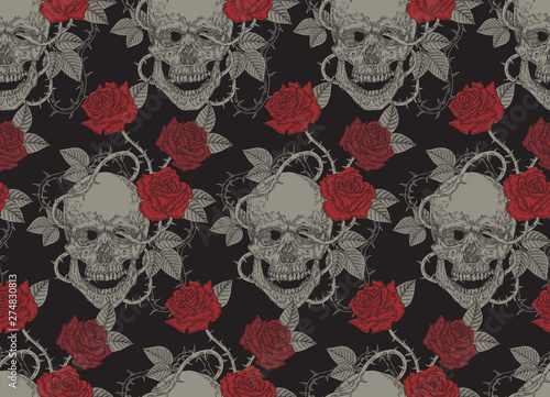 Human skull and red roses. Seamless pattern. Vector illustration vintage.