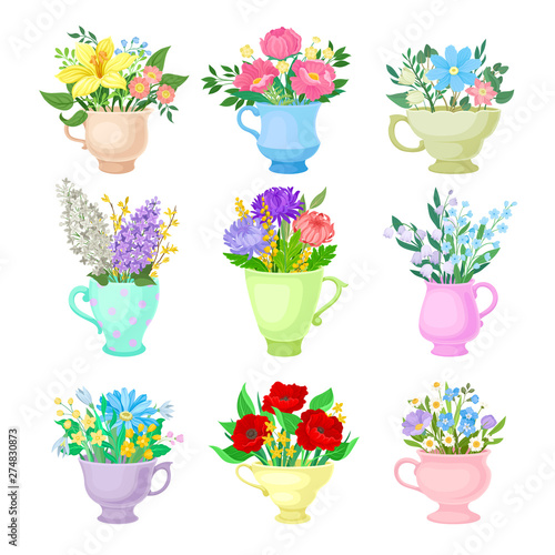 Set of images of various bouquets. Vector illustration on white background.