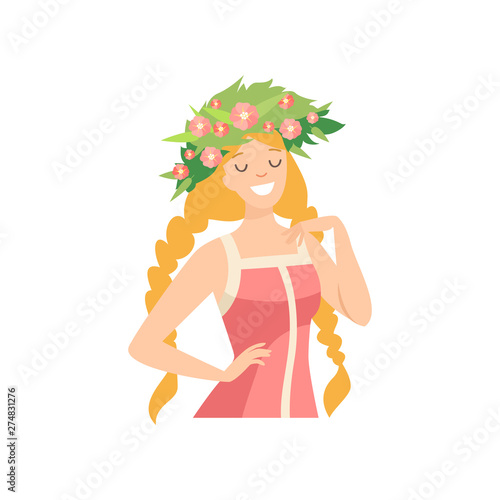 Young Beautiful Woman with Flower Wreath in Her Hair, Portrait of Elegant Smiling Girl with Floral Wreath and Braids Vector Illustration