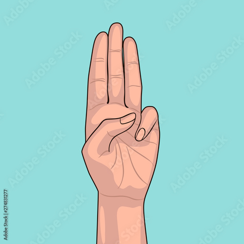 Girl shows three fingers on blue background. Scout honor hand gesture. Gesture of respect and appreciation. Salute for scout.