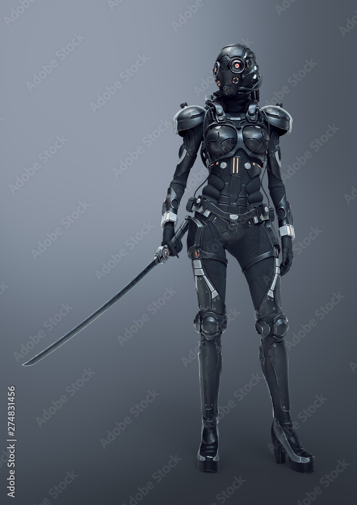 Science fiction cyborg female standing and holding futuristic japanese samurai sword in one hand. Sci-fi samurai girl in a futuristic black armor suit with a helmet. 3D rendering on gray background.