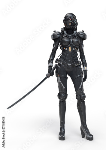 Ilustração do Stock: Science fiction cyborg female standing against an old  concrete wall and holding futuristic japanese samurai sword in one hand.  Sci-fi girl in a futuristic black armor suit with a