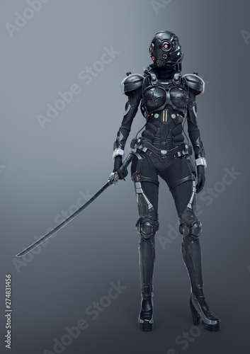 Science fiction cyborg female standing and holding futuristic japanese samurai sword in one hand. Sci-fi samurai girl in a futuristic black armor suit with a helmet. 3D rendering on gray background. © roman3d