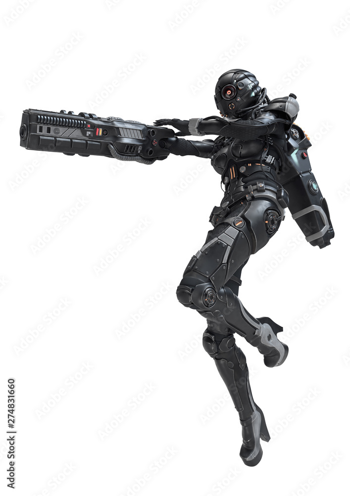 Science fiction cyborg female jumping and shooting with gun. Cyborg girl with big gun in one hand. Young Girl in a futuristic black armor suit with a helmet. Shooter. 3D rendering on white background.