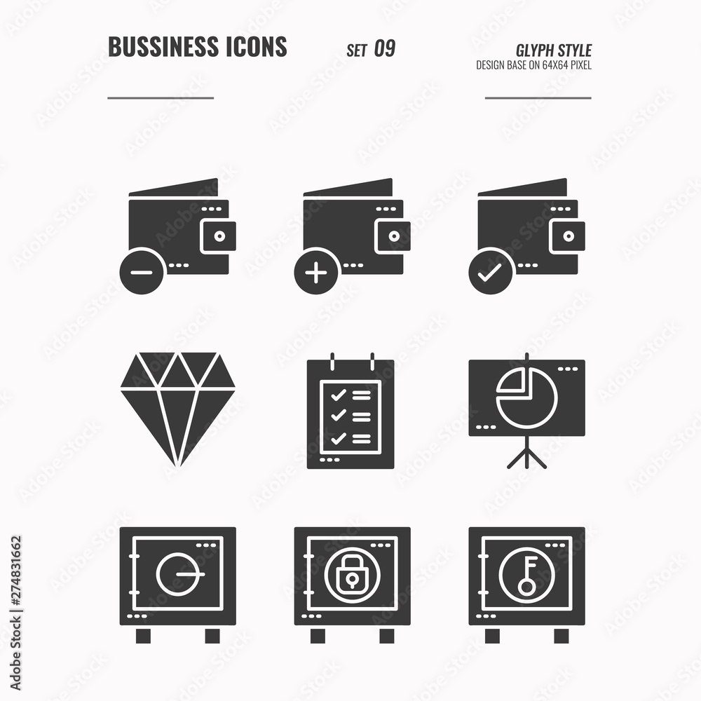 Business and financial icons set 9, wallet, safe box, financial protection, diamond, document, money security and more concept, Glyph icons Design. vector Business and financial icons set 9, wallet, safe box, financial protection, diamond, document, money security and more concept, Glyph icons Design. vector